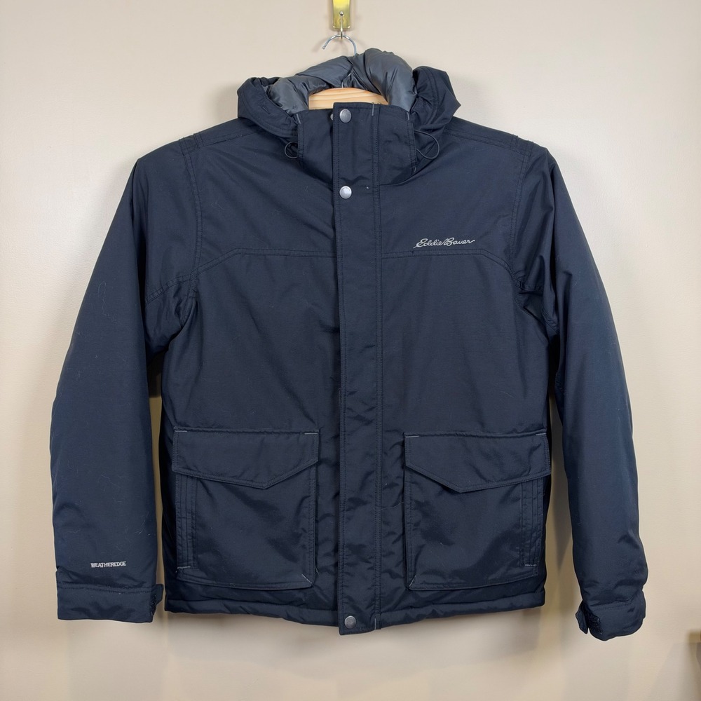 Eddie Bauer WeatherEdge Down Parka Mens L Black Hooded Waterproof Puffer Jacket